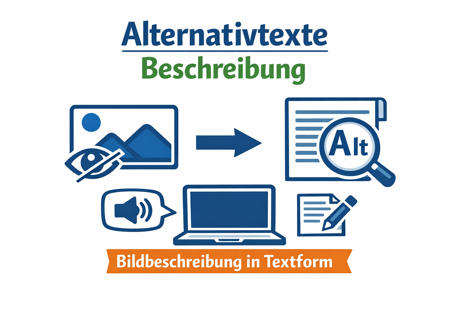Alternativtexte - Bilder mit Texten beschreiben Grafische Darstellung der Funktion von Alternativtexten mit Piktogrammen: von links nach rechts ein durchgestrichenes Auge, vor einem Bild mit Bergen, ein blauer Pfeil nach rechts zeigend, gefolgt von einer Lupe, in deren Glas man ALT lesen kann. Darunter jeweils wieder von links nach rechts das Symbol für einen Lautsprecher, ein Computer und ein Blatt Papier mit Stift. Als Überschrift auf dem Bild in blau Alternativtexte, darunter in grün Beschreibung, unter den Piktogrammen in weißer Schrift auf orangem Hintergrund: Bildschreibung in Textform