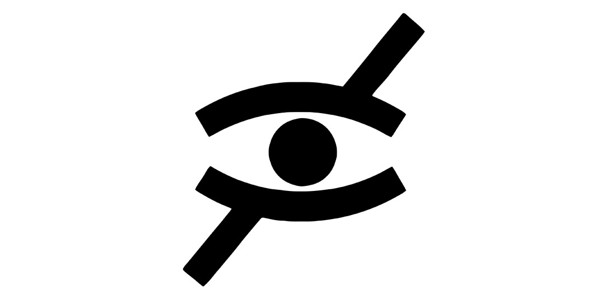 Piktogramm Audiodeskription, ein symbolisiertes Auge in Schwarz auf weißem Hintergrund, das durchgestrichen ist und dadurch die Zielgruppe Menschen mit Sehbarriere symbolisieren soll.